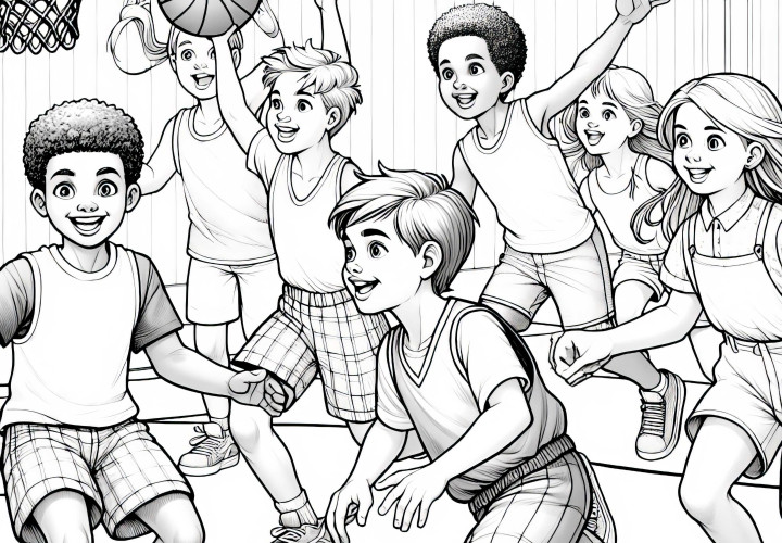 Kinder beim Basketball – Ausmalbild kostenlos herunterladen Kinder beim Basketball – Ausmalbild kostenlos herunterladen
