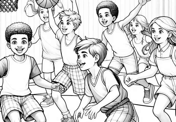 Niños jugando baloncesto - Descargar imagen para colorear gratis