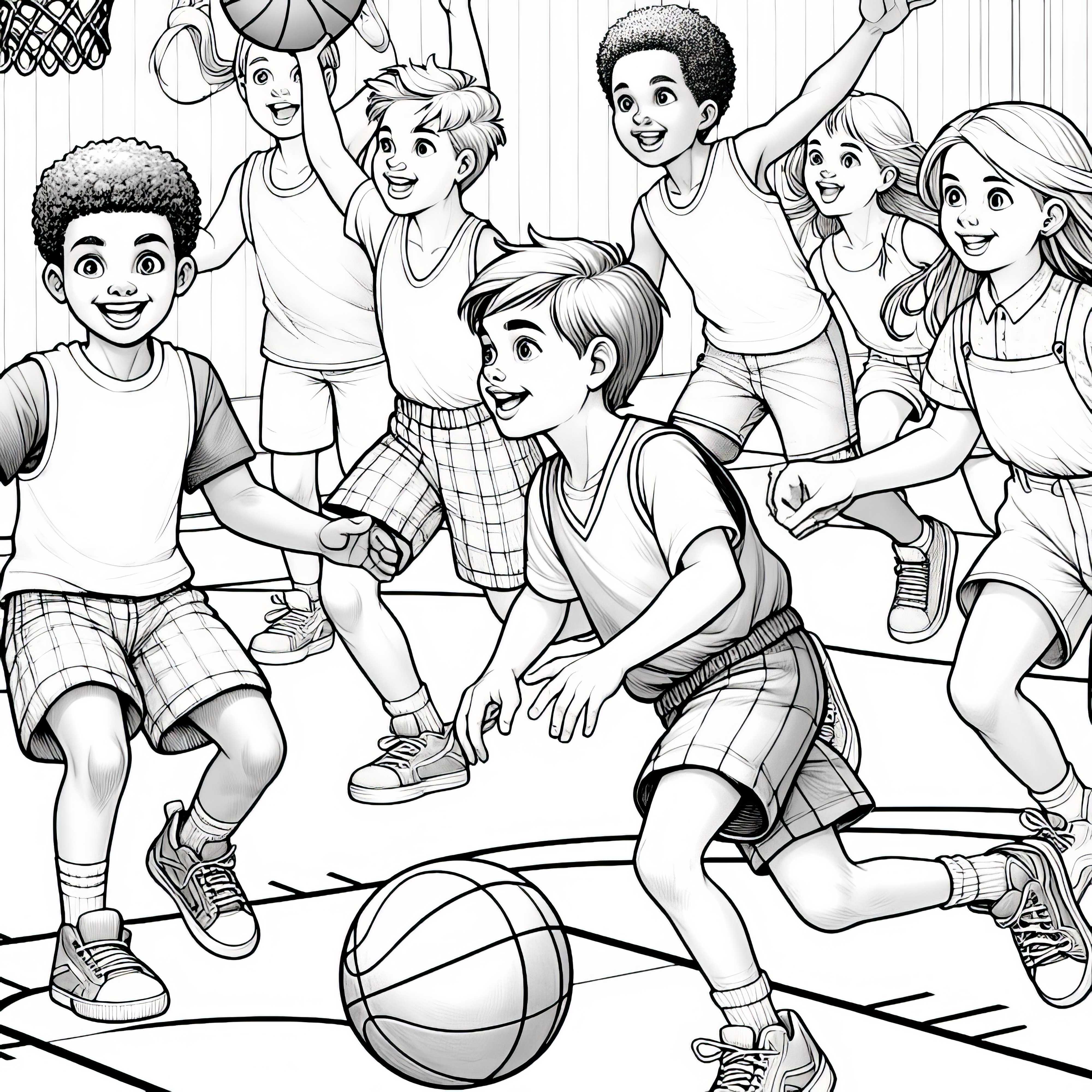 Kinder beim Basketball – Ausmalbild kostenlos herunterladen