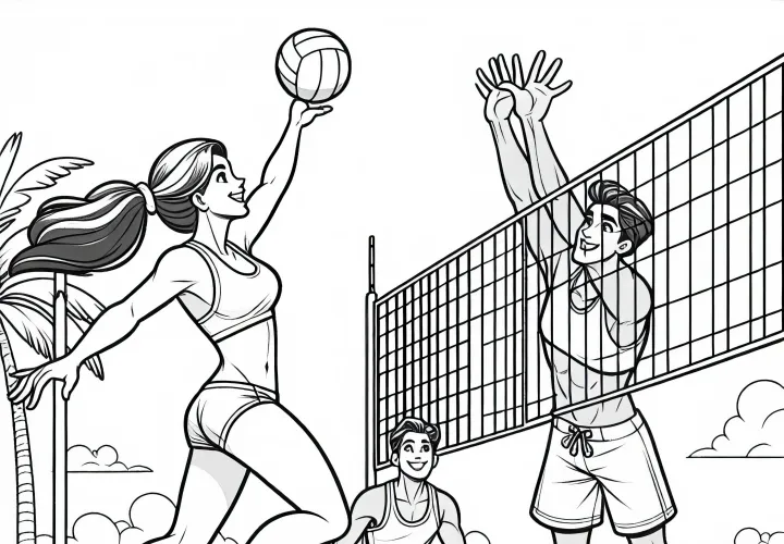 Two beach volleyball players jump simultaneously - Free coloring page