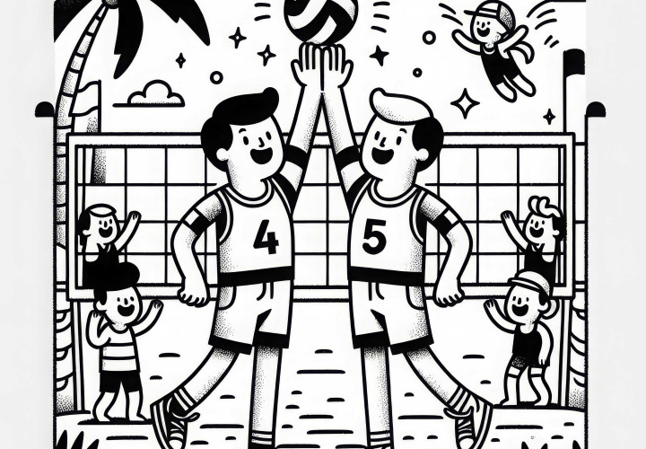 Tim beachvolley saling memberi semangat – Gambar mewarnai yang sederhana dan gratis