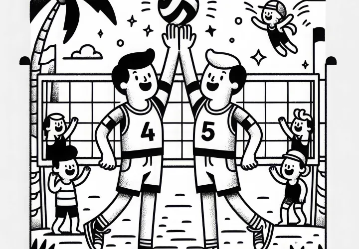 Beach volleyball team high-fives – coloring page simple and free
