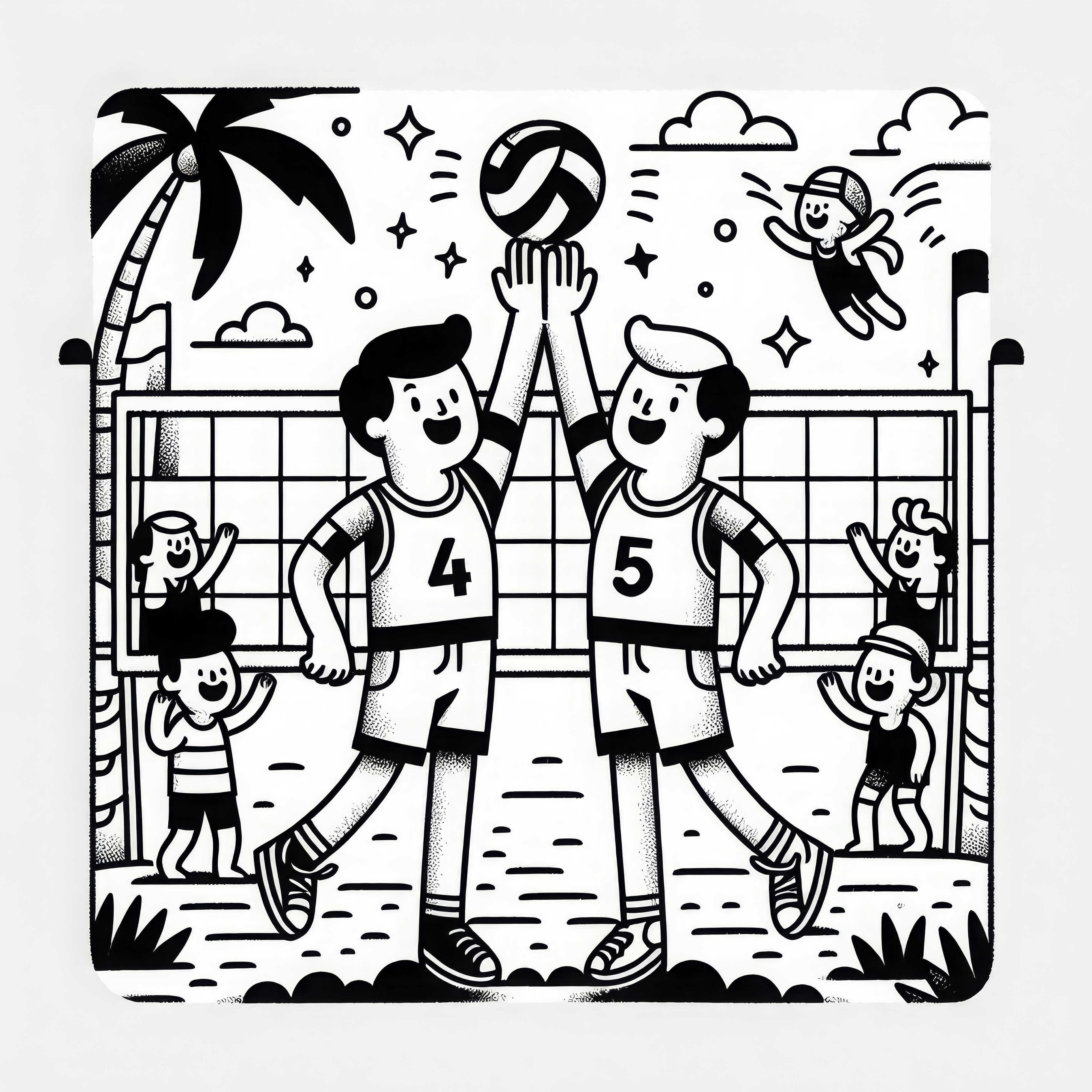 Tim beach volleyball saling bertepuk tangan – Gambar pewarnaan sederhana dan gratis