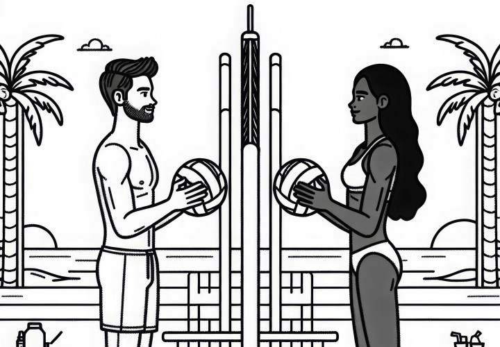 Dua pemain bola voli pantai berdiri saling berhadapan di net – Gratis cetak gambar