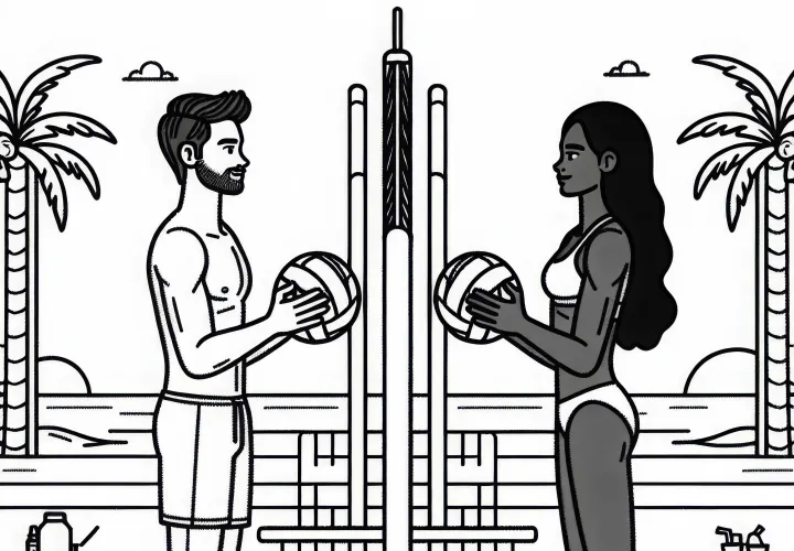 Two beach volleyball players face each other at the net - free coloring page