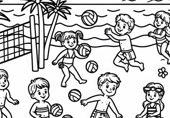 Anak-anak bermain voli pantai - Unduh gambar untuk diwarnai secara gratis
