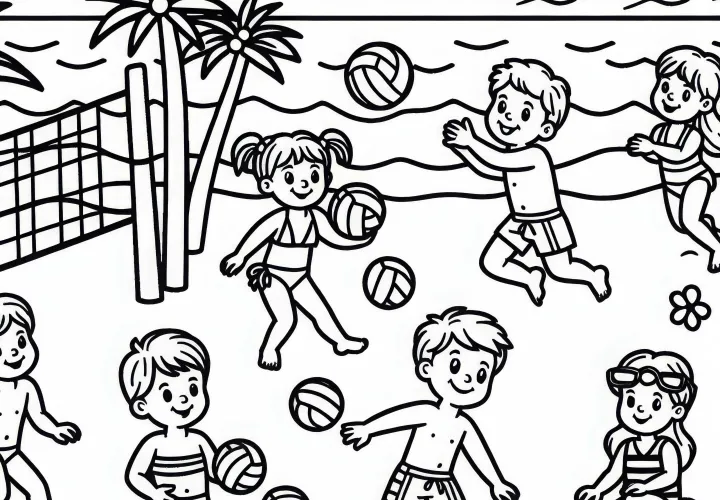 Children playing beach volleyball - Download free coloring page