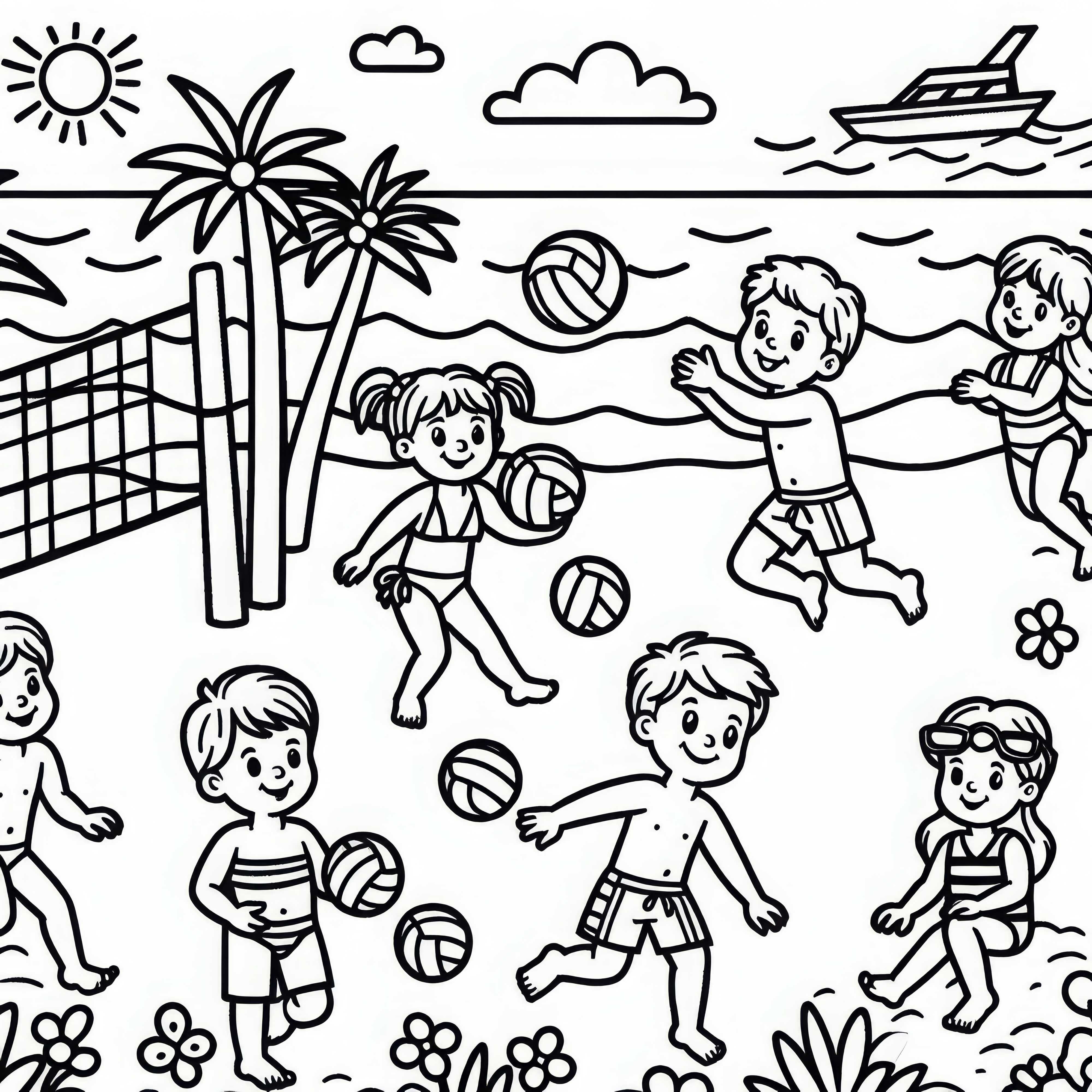 Anak-anak bermain voli pantai - Unduh gambar pewarnaan gratis