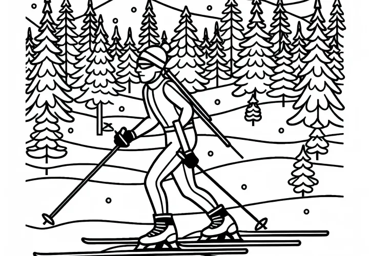 Биатлонист бегает на лыжах по заснеженному лесному пейзажу – бесплатная раскраска