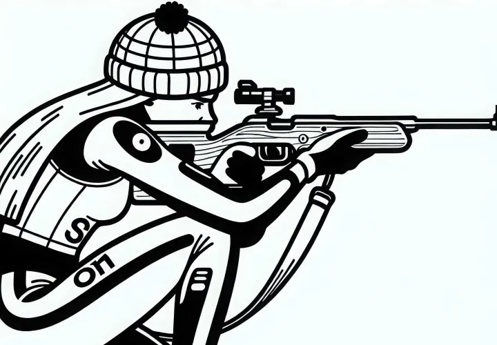 Биатлонистка целеустремленно прицеливается с винтовкой в мишени – бесплатная раскраска