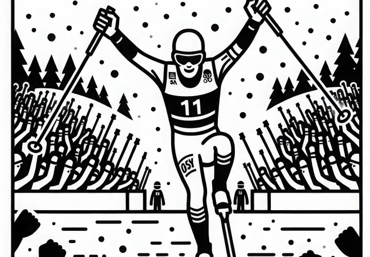 Зрители аплодируют, пока биатлонист пересекает финишную линию – бесплатная раскраска
