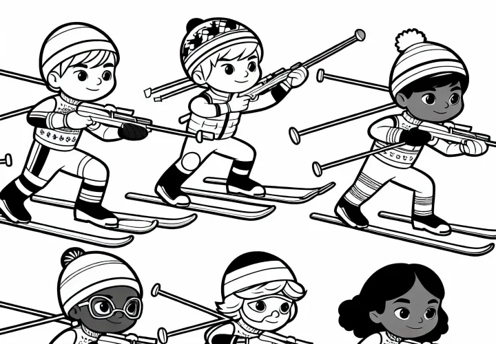 Дети на биатлоне – раскраска, которую можно бесплатно скачать
