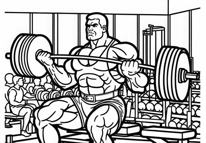 Bodybuilder lifting heavy weights in the gym - coloring template free