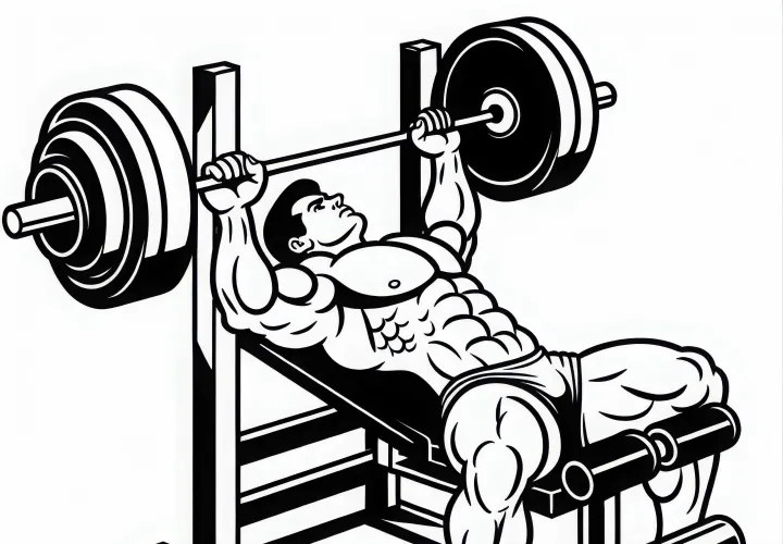 Bodybuilder training on a bench press – Free coloring page