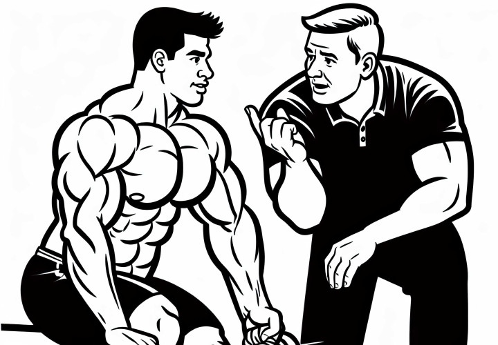 El entrenador da consejos durante el entrenamiento de fuerza de un culturista - Plantilla para colorear gratuita