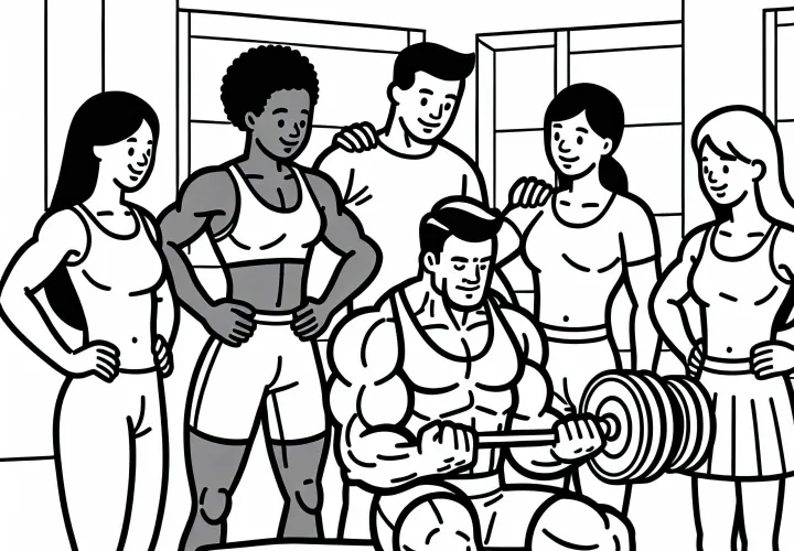 Group motivates each other in bodybuilding – Free coloring page