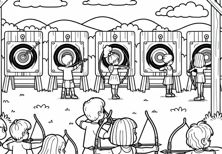 Grupo practica en campo con puestos de tiro con arco - Plantilla de dibujo gratis