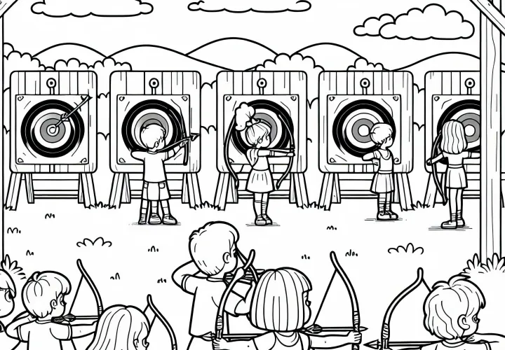 Group practices in the field with archery ranges - free coloring page