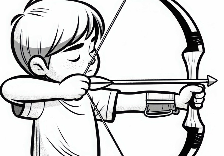 Los niños aprenden a disparar con un arco de práctica - Plantilla para colorear gratis