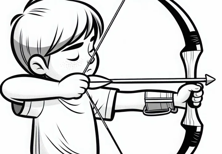 Child learns archery with practice bow - Free coloring page