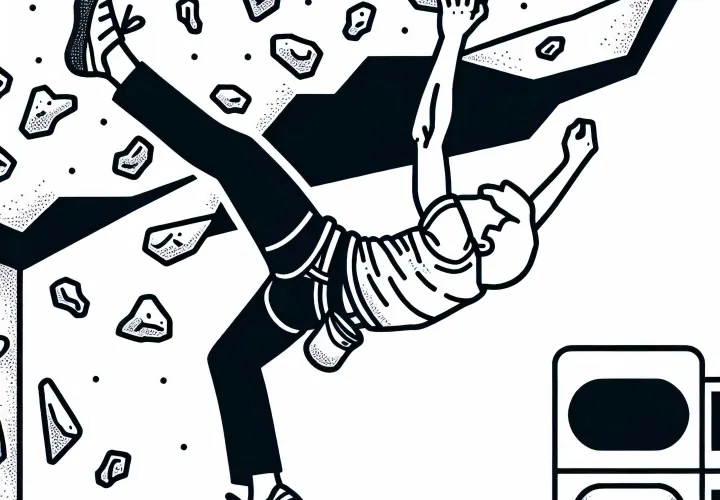 Person hanging on a difficult grip combination while bouldering - free coloring page