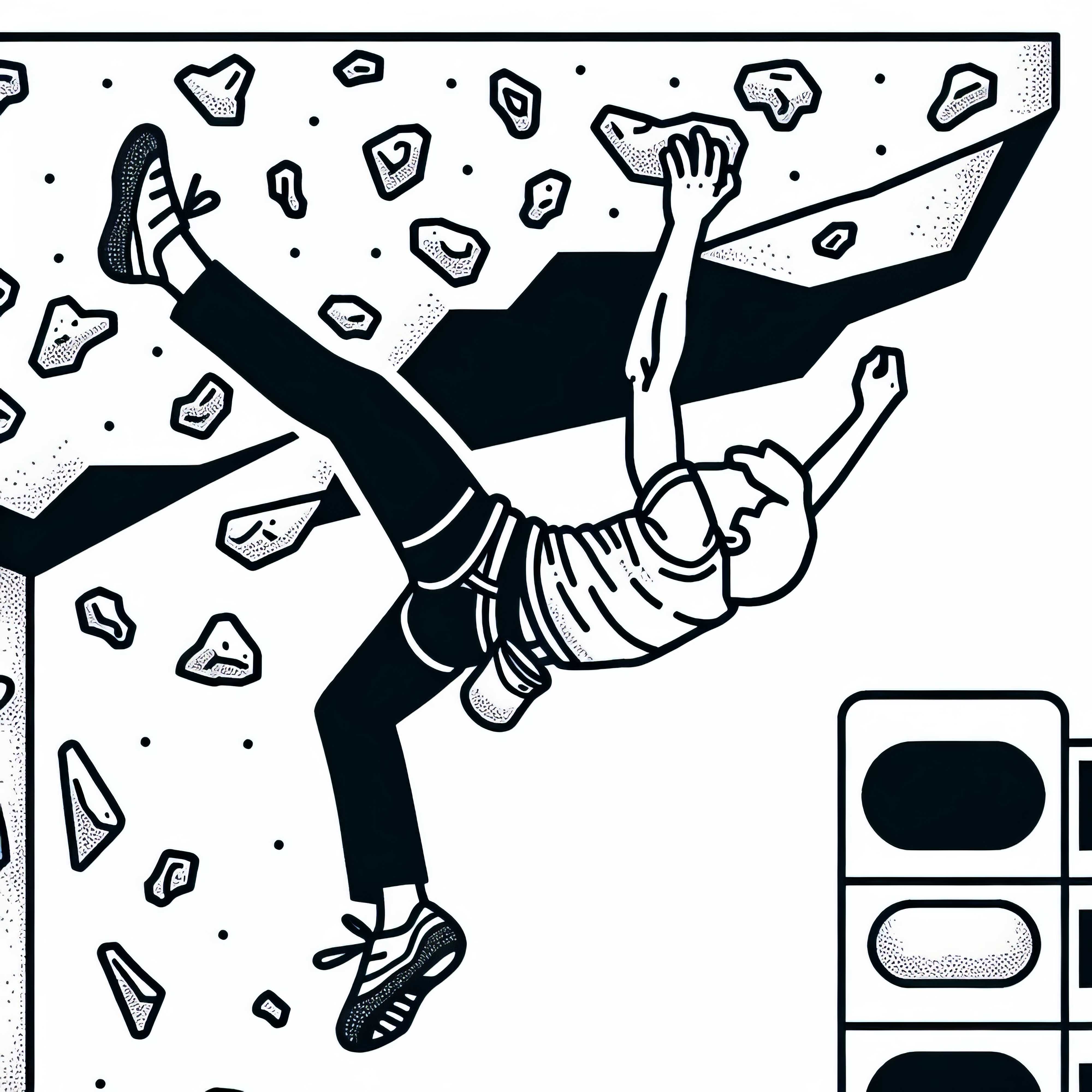 Person hängt beim Bouldern an schwieriger Griffkombination – Ausmalbild gratis
