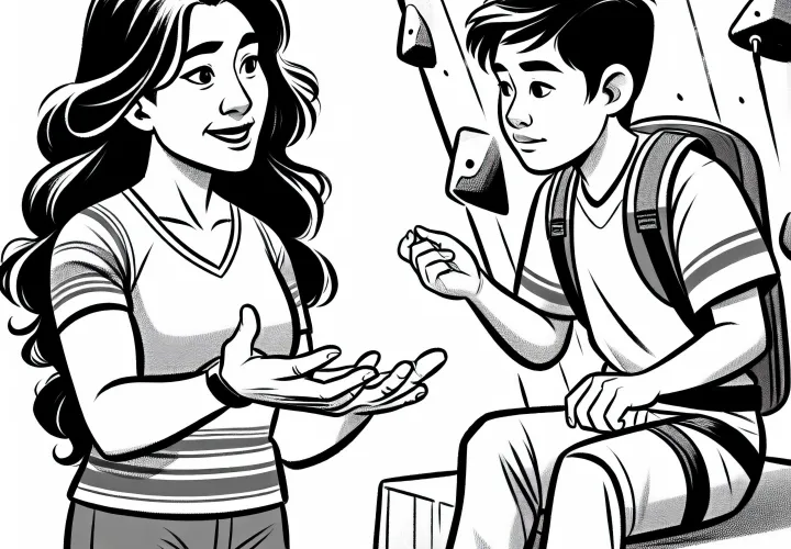 Trainer offers tips on a bouldering problem - Free coloring template