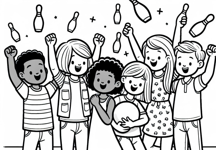 Los amigos jubilan por un lanzamiento exitoso en el bowling – Plantilla para colorear gratuita Los amigos celebran un lanzamiento exitoso en el bowling - Plantilla para colorear gratis