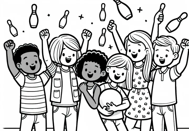 Friends cheer over a successful throw in bowling - free coloring page