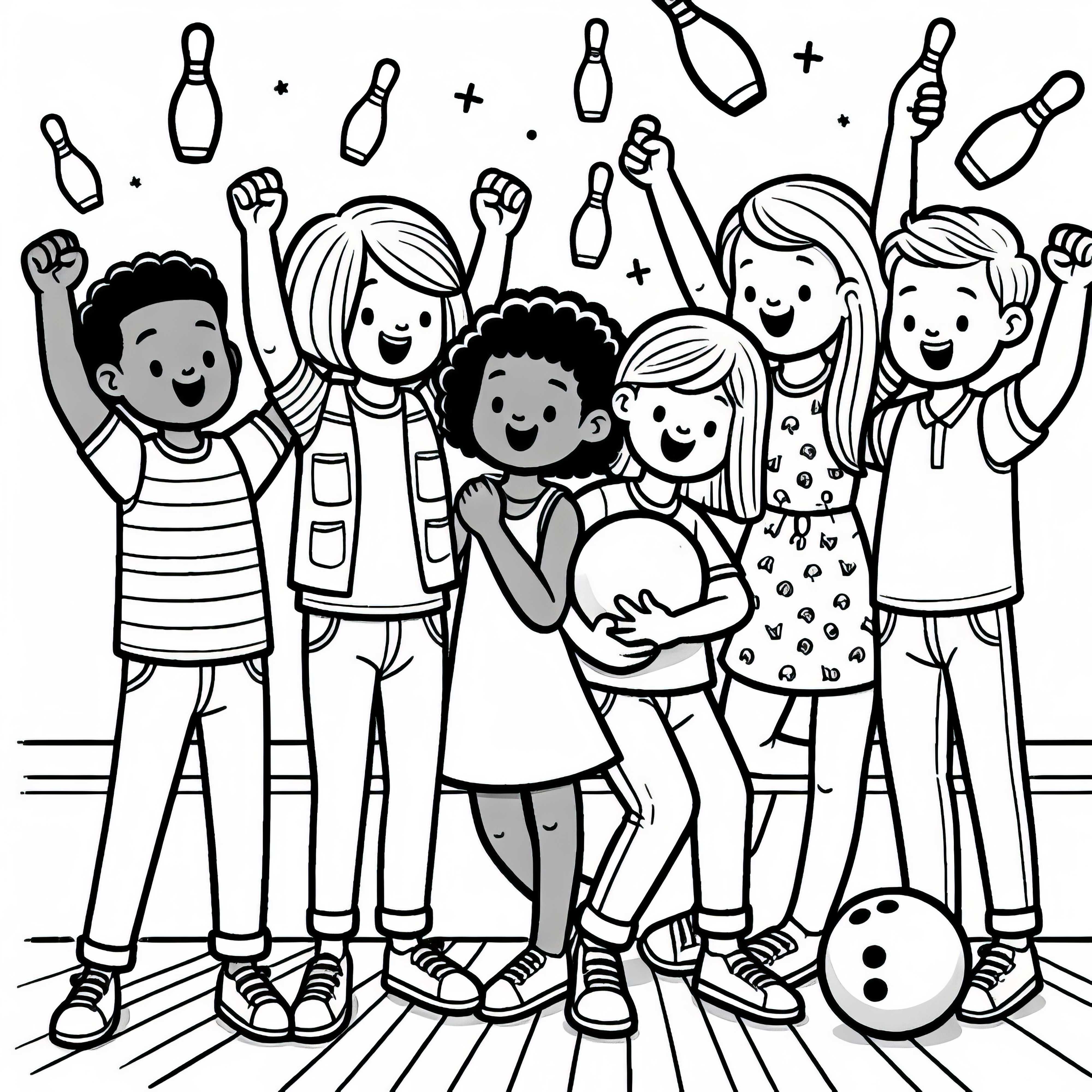 Amigos celebran por el lanzamiento exitoso en el boliche – Plantilla para colorear gratis