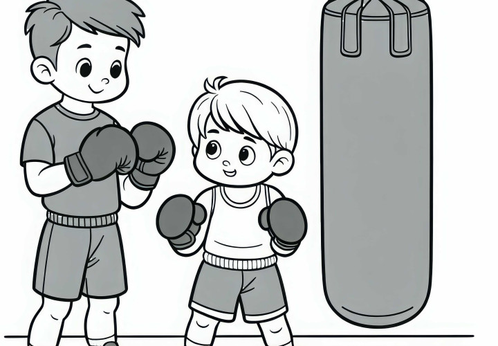 Két gyerek boxol egy homokzsákkal – ingyenes színezőlap