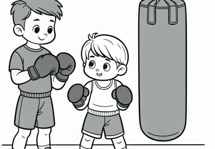 Two children practice boxing with a punching bag - free coloring page