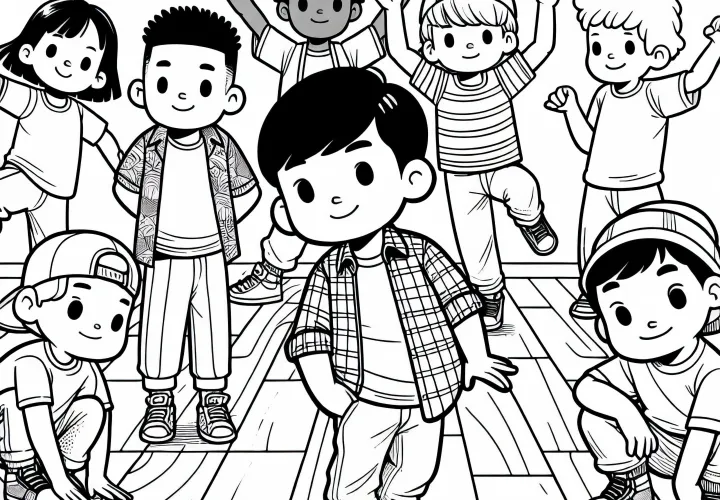 Group practices new breakdance moves together in the dance studio - Free coloring page
