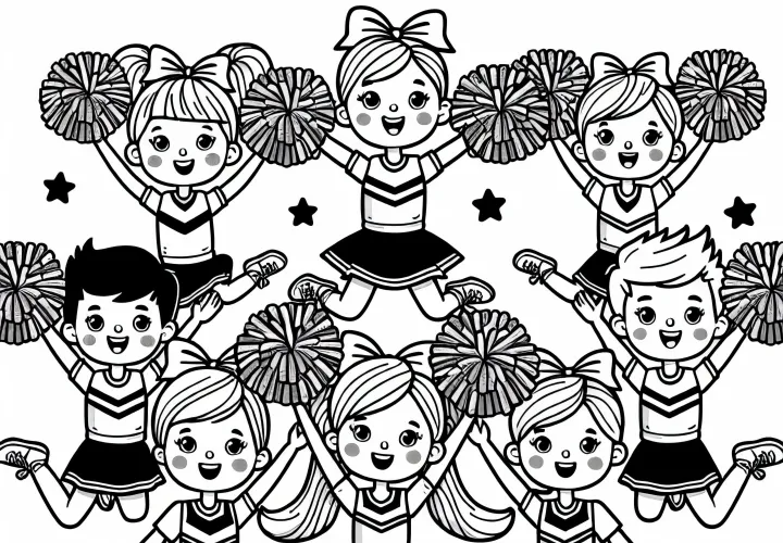 Cheerleading team jumps synchronously into the air – Free coloring page