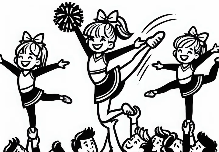 Cheerleaders perform acrobatic lifts - coloring page for free