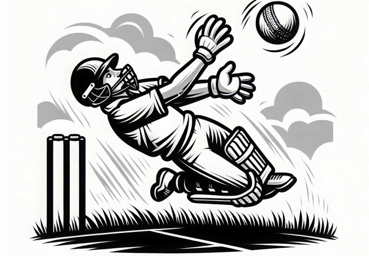 Jugador de campo atrapa el balón en el cricket - dibujo para colorear gratis