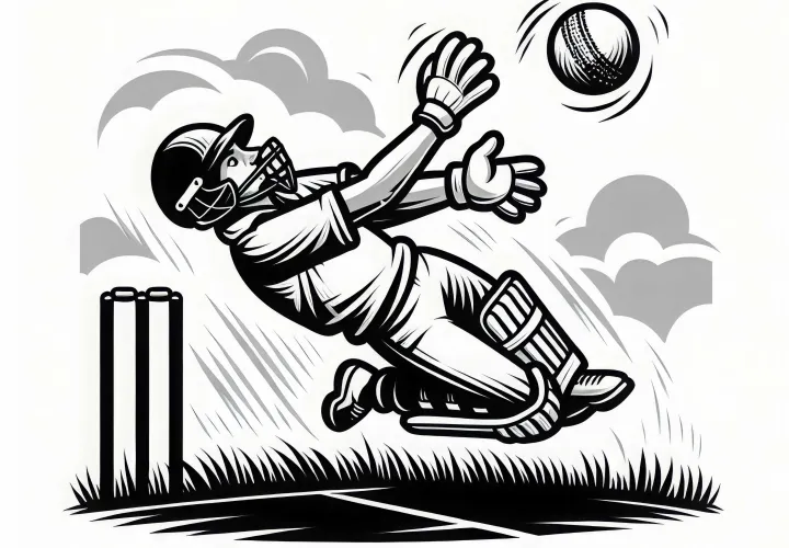 Field player catches ball in cricket - free coloring page