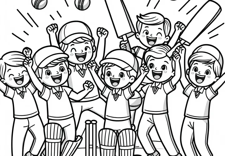 Jubilant players after cricket victory - coloring page simply for free