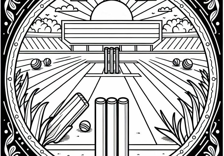 Campo de críquet con wickets - Plantilla para colorear gratis