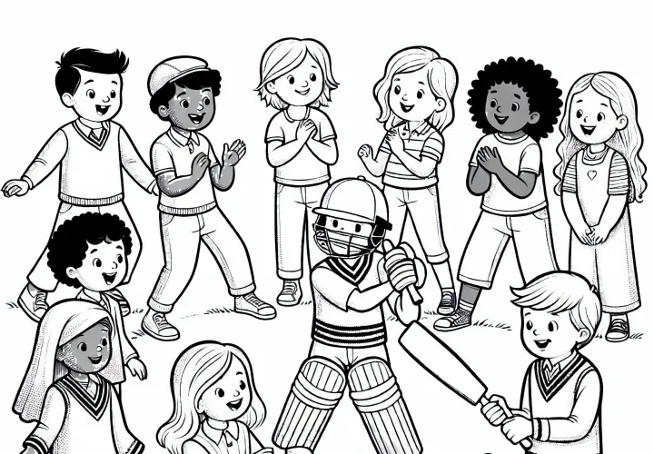 Children Playing Cricket - Free Coloring Page