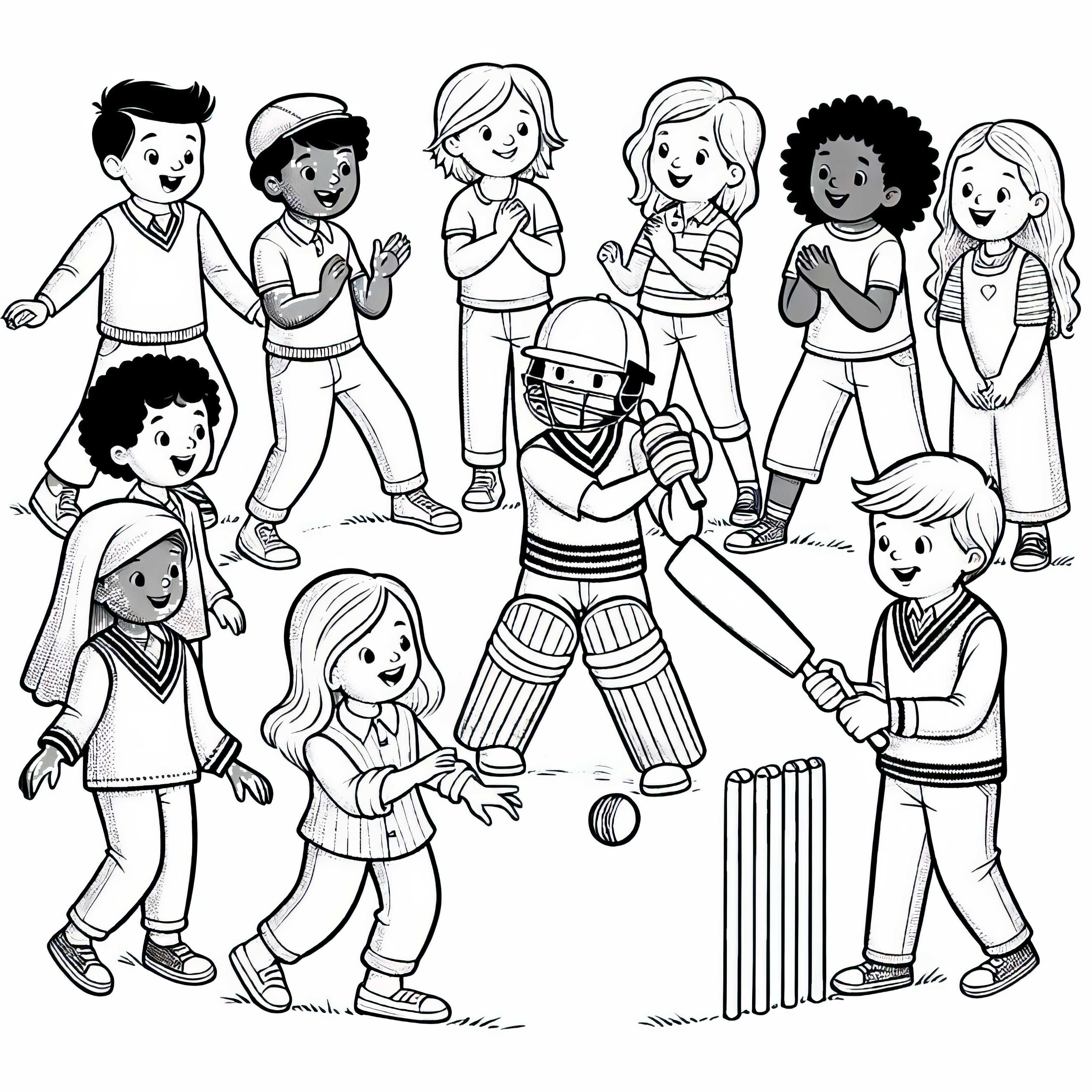 Niños juegan al cricket - Dibujo para colorear gratis