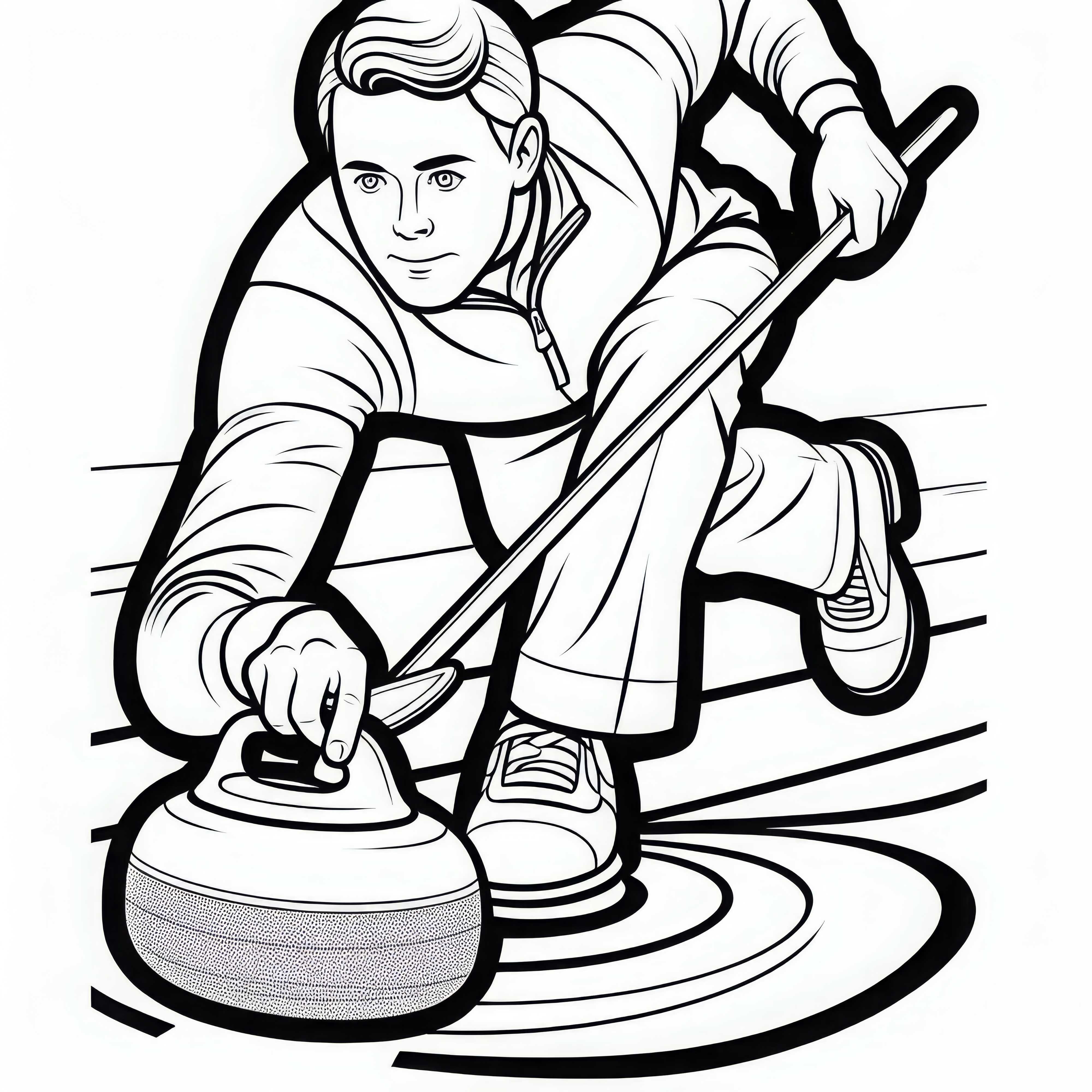 Spieler schiebt beim Curling Stein über das Eis – Ausmalbild kostenlos
