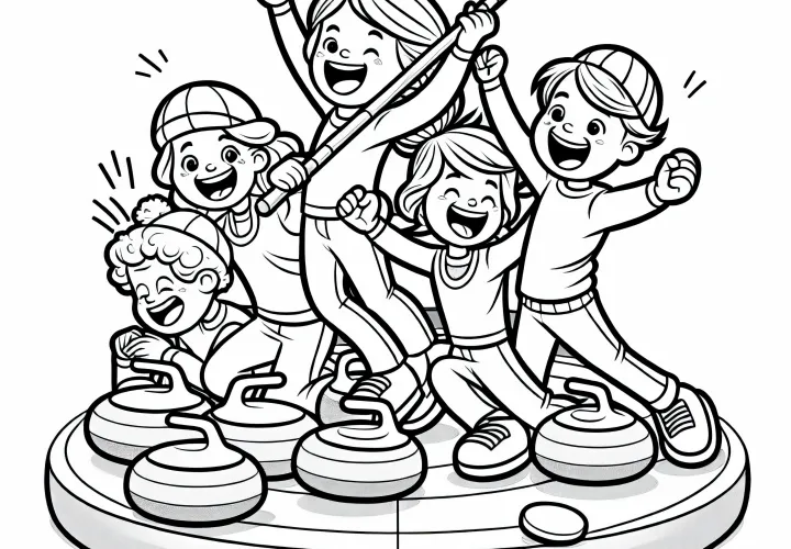 Cheering players after a perfect curling shot - Free coloring page