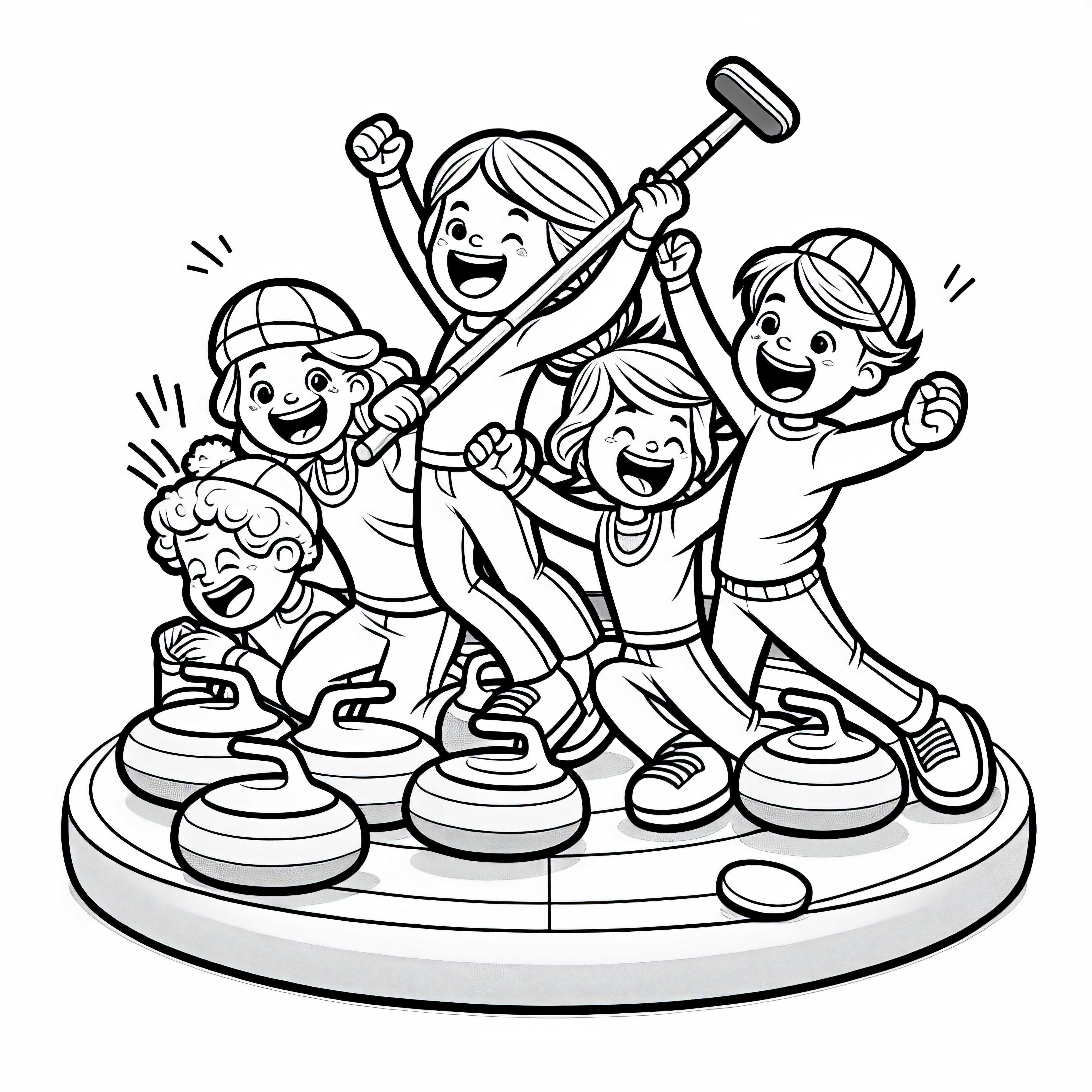 Jubelnde Spieler nach perfektem Curling Treffer – Ausmalbild Kostenlos