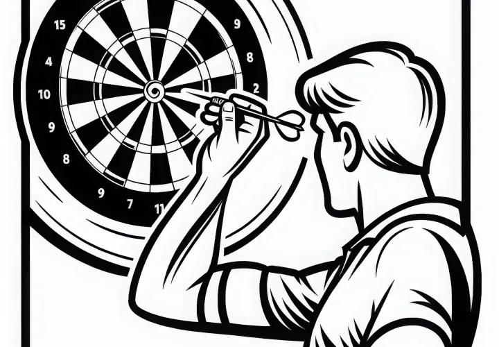 Darts player throws focused dart at dartboard – coloring page free
