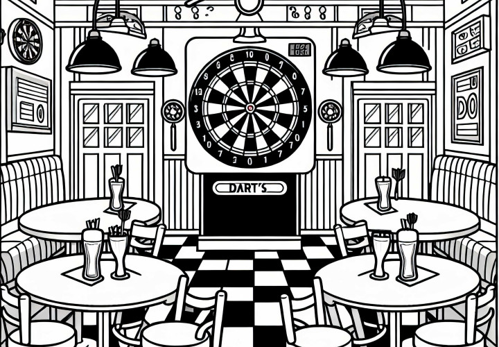 Sala de pub con juego de dardos - Dibujo para colorear gratis Sala de bar con juego de dardos - Dibujo para colorear gratis