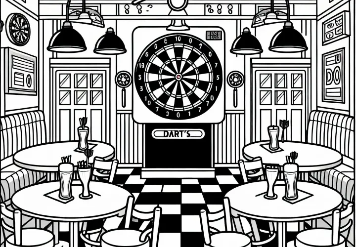 Pub room with dart game - Free coloring page