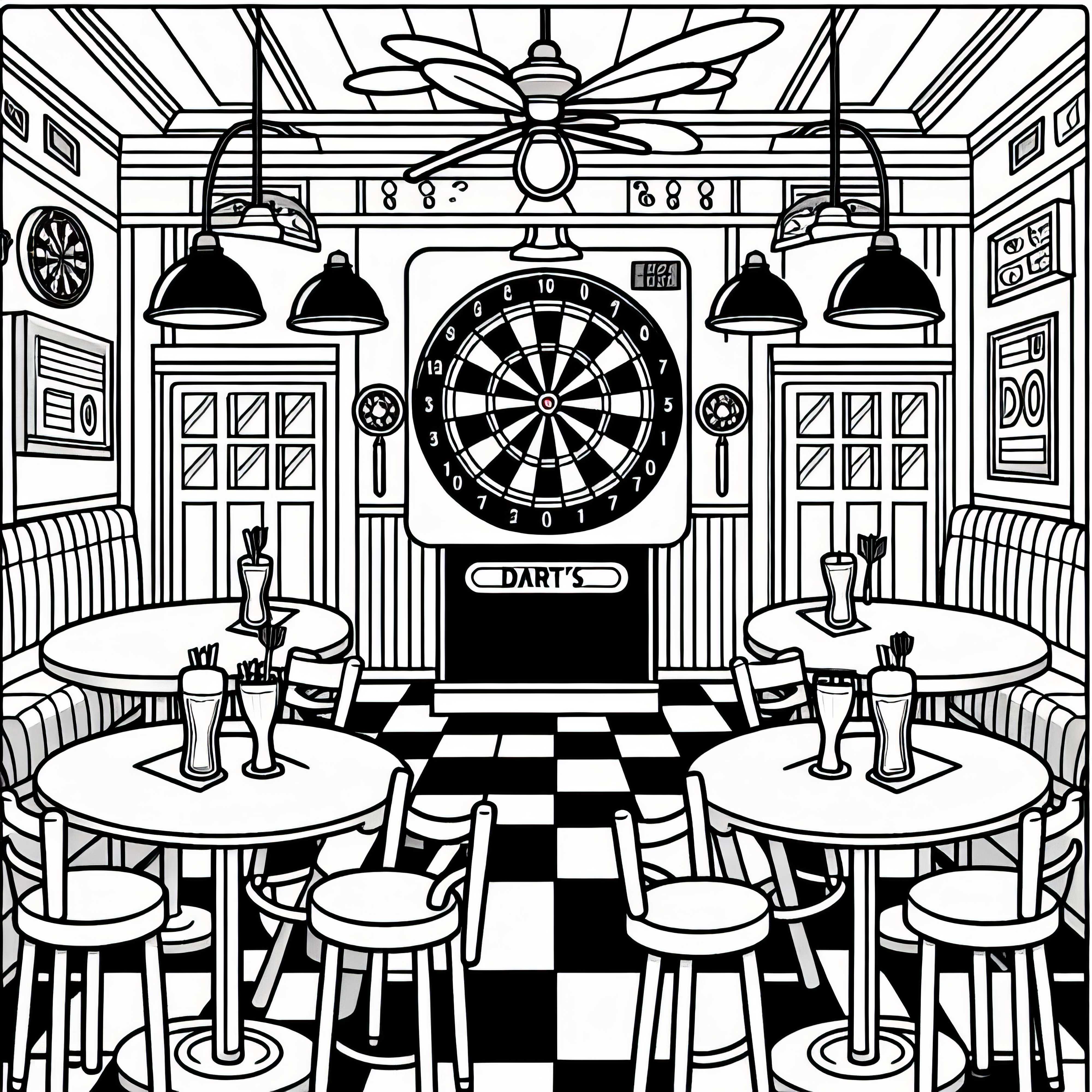 Sala de bar con juego de dardos - Dibujo para colorear gratis