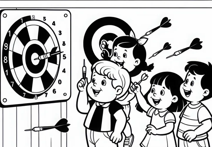 Children playing darts - free coloring page