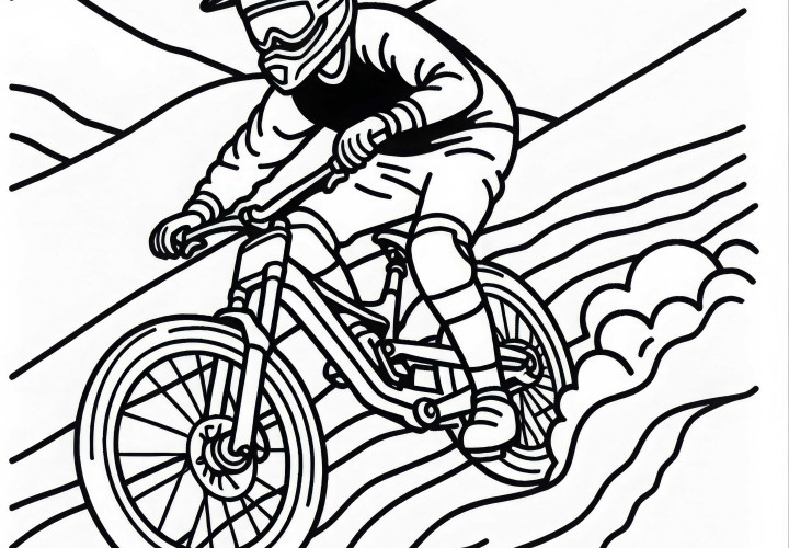 Fahrer fährt beim Downhill-Mountainbiking – Malvorlage einfach kostenlos Fahrer fährt beim Downhill-Mountainbiking – Malvorlage einfach kostenlos